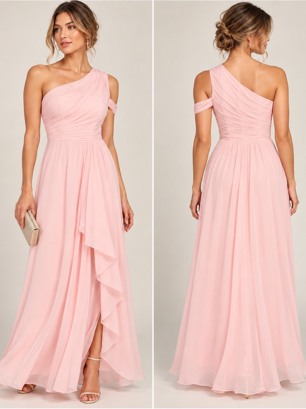 Pink One Shoulder Chiffon Formal Maxi Dress Bridesmaid M